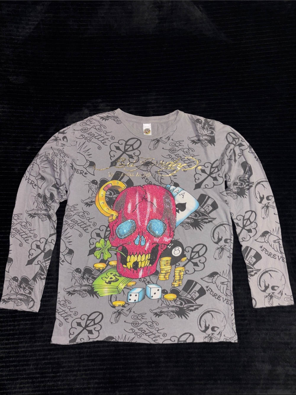 Ed Hardy Graphic Long-Sleeve Ladies Sz L Shirt - Gray with Pink Skull Print